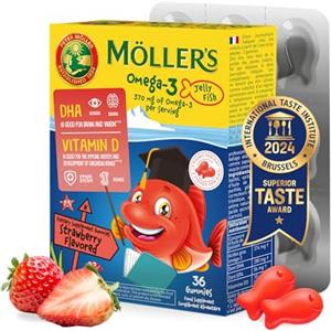 MÖLLER'S Moller's ® | Omega 3 Per Bambini | Olio di pesce omega-3 naturale | Con DHA ed EPA, Senza glutine, lattosio o zuccheri aggiunti | Facili da masticare | Gusto fragola | 36 pezzi
