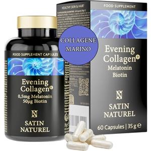 SatinNaturel Collagene Idrolizzato Marino con Acido Ialuronico + 0,5mg Melatonina - 580mg, Magnesio & Biotina - 60 Capsule - Integratore per Pelle, Ossa e Articolazioni