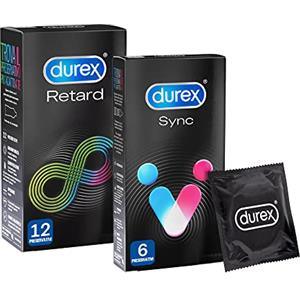Durex Kit Lunga Durata, Preservativi Durex Lunga Durata + Durex Sync, Preservativi Ritardanti per Lui e con Rilievi e Nervature per Lei, 18 Profilattici