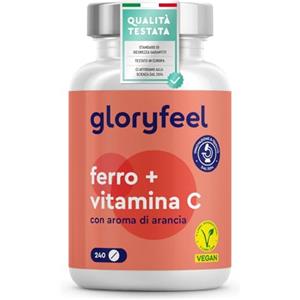 Gloryfeel Integratore Ferro 20mg + Vitamina C con Sapore di Arancia, 240 Compresse Vegan, per Anemia, Mestruazioni e Stanchezza Fisica, ad Alta Biodisponibilità, Ricostituente Sangue
