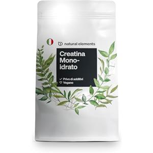 natural elements Creatina Monoidrato - 500 g di polvere ultra fine (fattore di maglia 200) - ad alto dosaggio - vegana, senza additivi inutili - prodotta e testata in laboratorio in Germania