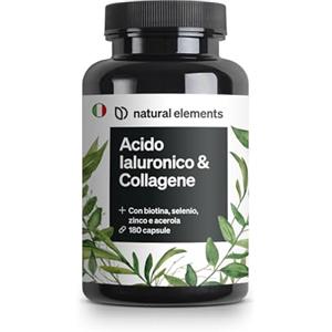 natural elements Collagene e Acido Ialuronico Integratore - 180 capsule - con Vitamina C, biotina - 1000mg collagene idrolizzato + 200mg acido ialuronico - Prodotto testato in laboratorio, alto dosaggio