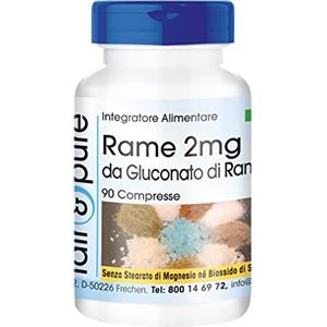 Fair & Pure® - Rame 2mg - Gluconato di rame - Vegan - Buona disponibilità biologica - 90 Compresse