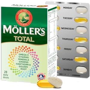 MÖLLER'S Moller's ® | Total | Integratore Alimentare dietetico Giornaliero Completo | Omega-3 nordico con EPA ed DHA | Ampio spettro di vitamine ed minerali | Ginseng, Biancospino e Rodiola | 56 Capsule