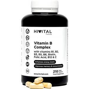 HIVITAL foods Vitamina B Complex | 210 capsule vegane per 7 mesi | Complesso Vitamine B con B1, B2, B3, B5, B6, B12, Biotina e Acido Folico