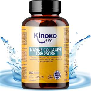 Kinoko Life Collagene Marino con Acido Ialuronico | 180 Capsule, Estratti di Piante, Coenzima Q10, Vitamina C, Magnesio, Leucina, Curcuma | Integratore Collagene e Acido Ialuronico