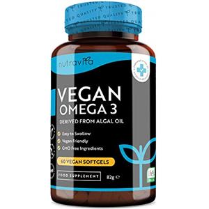 Nutravita Omega 3 Vegan ad alta efficienza 2000mg - 600mg DHA e 300mg EPA per 2 porzioni - Omega 3 derivato da Olio di Alghe - per la Salute del cuore - 60 Capsule molli vegane - Prodotto da Nutravita