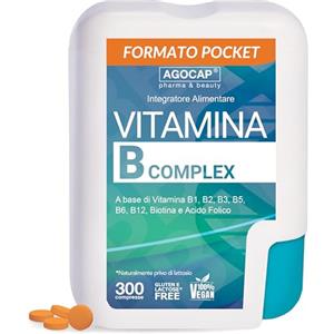 Agocap Vitamina B Complex Alto Dosaggio 300 microcompresse di Vitamina B + PABA, Confezione Tascabile. Complesso Vitamina B, B1, B2, B3, B5, B6 con vitamina B12 e Acido Folico. Vitamine B e Biotina. Agocap