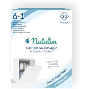 Natulim - Compresse per lavastoviglie 6 in 1 biodegradabili e idrosolubili, confezione da 30 - Pulizia profonda, risciacquo, funzione sale, protezione vetri, effetto extra secco - Made in EU