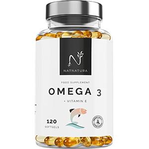 N NATNATURA HEALTH & BEAUTY Omega 3 massima concentrazione EPA - DHA. Acidi grassi Omega 3 (2000 mg) + Vitamina E a base di olio di pesce selvatico. 120 perle morbide