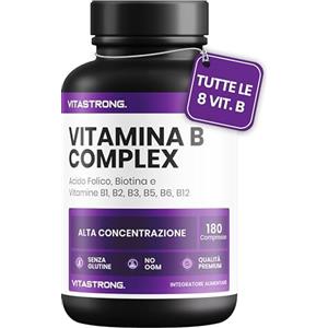 Vitastrong. Vitamina B Complex ad Alto Dosaggio - 180 Compresse di Vitamine Gruppo B con Biotina, Acido Folico, B1,B2,B3,B5, Vitamina B6, Vitamina B12 - Per la Riduzione di Stanchezza e Affaticamento