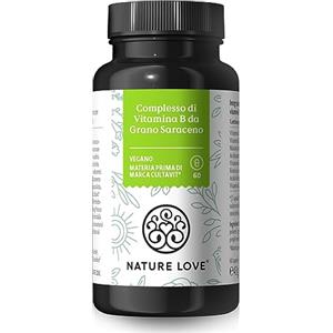 Nature Love Complesso di vitamina B da grano saraceno - 60 capsule - Alto dosaggio: 120% del fabbisogno giornaliero di vitamina B1, B2, B3, B5, B6, B7 (biotina), B9 (acido folico) e B12 - Vegano