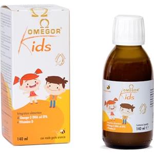 Omegor Kids con omega-3 DHA vegetale per bambini | 250mg di DHA e 125mg di EPA da olio algale | Squisita emulsione di miele e succhi di frutta | Con vitamina D3 | Flacone in vetro 140ml con cucchiaio