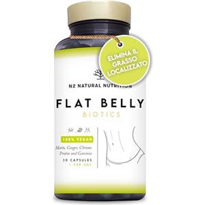 N2 Natural Nutrition Fermenti Lattici Flat Belly. Probiotici 30 Miliardi UFC, 30 Ceppi Batterici. Per la Flora Intestinale con Garcinia, Zenzero, Mate, Cromo e Caienna. 30 Capsule.Vegan.