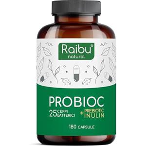 RAIBU Probiotici Fermenti Lattici Probioc - 180 Capsule, 25 Ceppi Batterici con Inulina, 60 Miliardi UFC - Resistenti ai Succhi Gastrici, Alta Dosaggio & Inclusi Lactobacillus e Bifidobatteri - Raibu