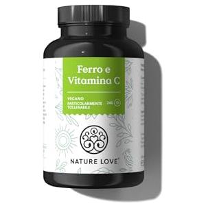 Nature Love Compresse di ferro con vitamina C - 240 pezzi - 20mg di ferro e 40mg di vitamina C a compressa - bisglicinato ferroso ad alta biodisponibilità (chelato di ferro) - vegano, testato in laboratorio