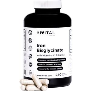HIVITAL foods Ferro 14 mg. 240 capsule vegane per 8 mesi. Ferro Bisglicinato con Vitamina C, Acido Folico e Vitamina B12 per sostenere la formazione dei globuli rossi, il sistema immunitario e migliorare l'energia