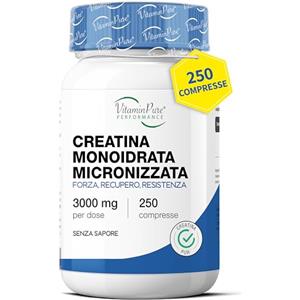 VitaminPure CREATINA MONOIDRATA MICRONIZZATA 250 Compresse 3000mg a dose - Creatina Monoidrato Pura Per Forza, Recupero e Resistenza - Creatine Monohydrate Integratore Palestra Pre Workout