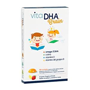 U.G.A. Nutraceuticals VitaDHA® Brain | Per bambini | 250 mg Omega-3 DHA, colina e Vit.D e B | Per il cervello e il sistema immunitario | Senza zucchero | Gradevole gusto di Fragola e Limone | 30 jelly