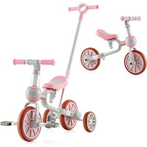 RELAX4LIFE 4 in 1 Triciclo per Bambini con Maniglione, Altezza Sedile a 2 Livelli, Maniglia di Spinta Regolabile e Pedali Rimovibili, Bicicletta Equilibrio per Bambini 2-4 anni (Rosa)