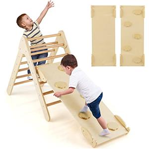 RELAX4LIFE Triangolo da Arrampicata con Scivolo per Bambini, Scala per Arrampicarsi in Legno, Triangolo Stabile, Parco Divertimenti per Bimbi 1+ Anni (Modello 4 Naturale)