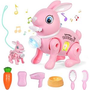 OSDUE Coniglio Giocattolo Luminoso, Set di Coniglio Elettrico con Accessori per Carota, Coniglietto di Pasqua, Coniglio Giocattolo che Cammina, Coniglio con Guinzaglio Giocattolo per 3+ Anni Bambini