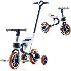 RELAX4LIFE 4 in 1 Triciclo per Bambini con Maniglione, Altezza Sedile a 2 Livelli, Maniglia di Spinta Regolabile e Pedali Rimovibili, Bicicletta Equilibrio per Bambini 2-4 anni (Blu)