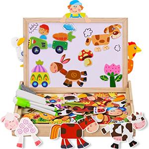 COOLJOY Puzzle Magnetico Legno,Giocattolo di Legno con Lavagna Double Face, Apprendimento Educativo Puzzle Bambini 3 Anni 4 Anni 5 Anni - Quasi 100 Pezzi - Può Attaccare sul Frigorifero