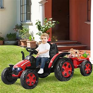 RELAX4LIFE 2 in 1 Trattore Elettrico con Rimorchio Rimovibile/Go Kart Elettrico, con Telecomando e Cinture a 2 Punti, Musica, Luci, Allarme, Carico di 30 kg,Per Bambini 3-8 Anni,151x68x70 m (Rosso)