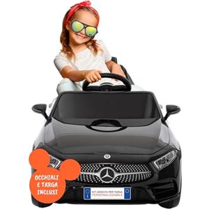 BABYCAR Mercedes elettrica per Bambini CLS 350 AMG 12V FULL OPTIONAL e OCCHIALI OMAGGIO - Macchina elettrica per bambini con Licenza Ufficiale Sedile in Pelle, Telecomando Porte Apribili e MP3 (Nera)