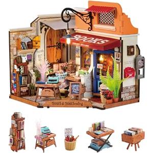 Rolife Casa delle Bambole Libreria ad Angolo con Luci LED Kit Casa in Miniatura Fai da Te Casa delle Bambole Kit con Mobili Modello in Legno 3D Puzzle Regalo di Natale per Bambini e Adulti