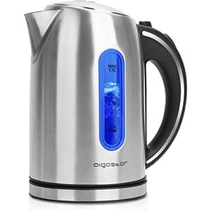 Aigostar King - Bollitore Acqua Elettrico in Acciaio inox 100% con Indicatore illuminazione blu del livello dell'acqua, 2200 Watt, Capacità 1,7 litri, Spegnimento Automatico, Senza BPA