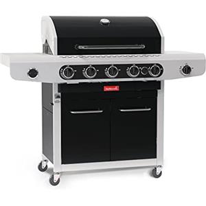 Barbecook barbecue a gas Siesta 612 Black Edition con tavolo laterale fisso, 5 bruciatori e bruciatore laterale, griglie in ghisa smaltata, 143x56x120cm