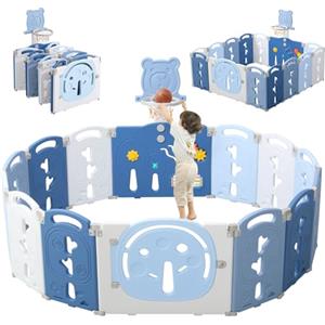YOLEO Box per bambini pieghevole, box bambini con Canestro da Basket, Recinto per bambini Forma Regolabile, box neonato con Pannello di Gioco,Recinto bambini 153×153cm, Blu