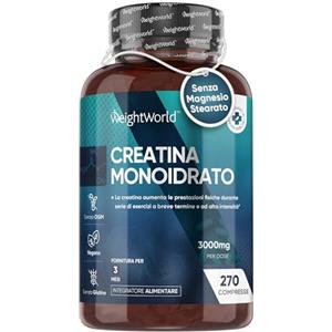 WeightWorld Creatina 3.000mg per Dose Senza Magnesio Stearato, Creatina Monoidrata in 270 Compresse Vegan (3 Mesi), Creatina Monoidrato (Creatine Monohydrate) Ideale per Pre Workout, Intra Workout e Post Workout