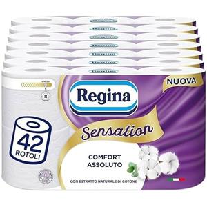 Regina Sensation - 42 Rotoli di Carta Igienica, 160 Soffici Strappi a 3 Veli, Morbida e Resistente, Con Estratto Naturale di Cotone, 60% Plastica Riciclata