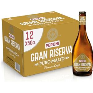 Peroni Birra Gran Riserva Puro Malto, Cassa Birra con 12 Birre in Bottiglia da 50 cl, 6 L, Premium Lager dal Gusto Pieno e Rotondo, Gradazione Alcolica 5.2% Vol