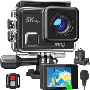 Surfola Action Cam 5K 30FPS 24MP, SF430 Macchina Fotografica Subacquea, Touch Screen, Videocamera Impermeabile 40M, Action Cam Moto con Telecomando, Microfono Esterno e 2 Batterie da 1350mAh