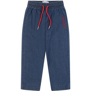 Jeans Trussardi in jearsy con elastico e coulisse in vita e scritta di colore rosso sulla gamba sinistra