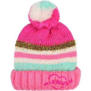 Cappello Billieblush in lana fucsia e verde a righe con con pon
