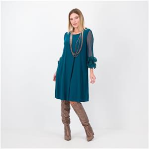 Nina Leonard Abito in jersey con maniche in tulle e volant